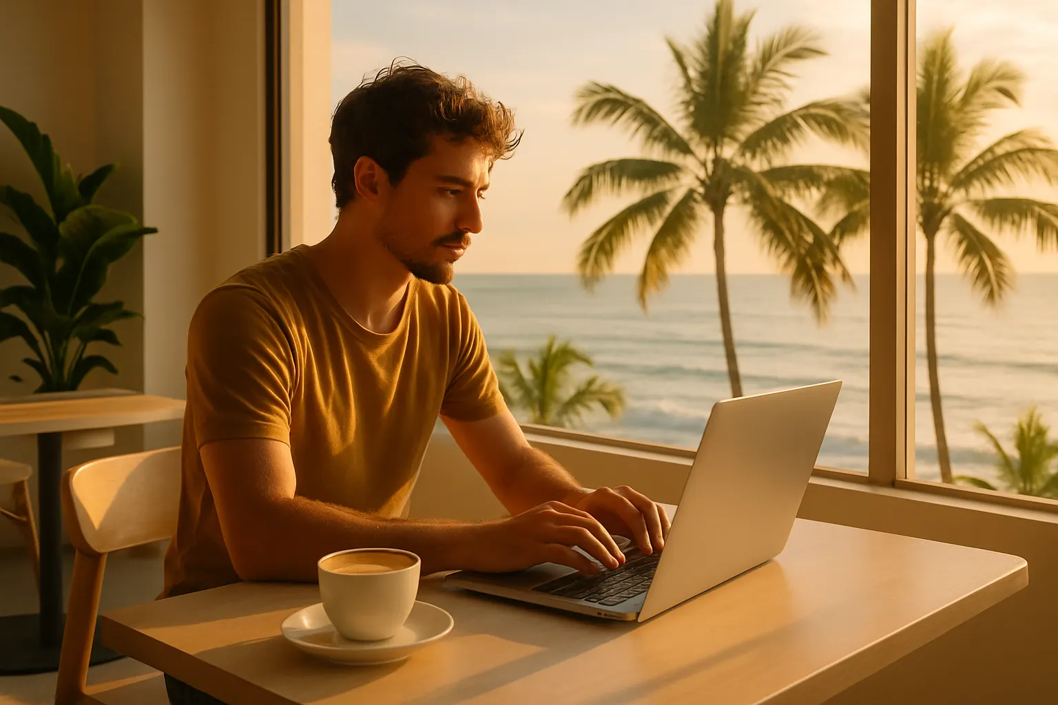 A portable remote-work setup on a desk beside a window